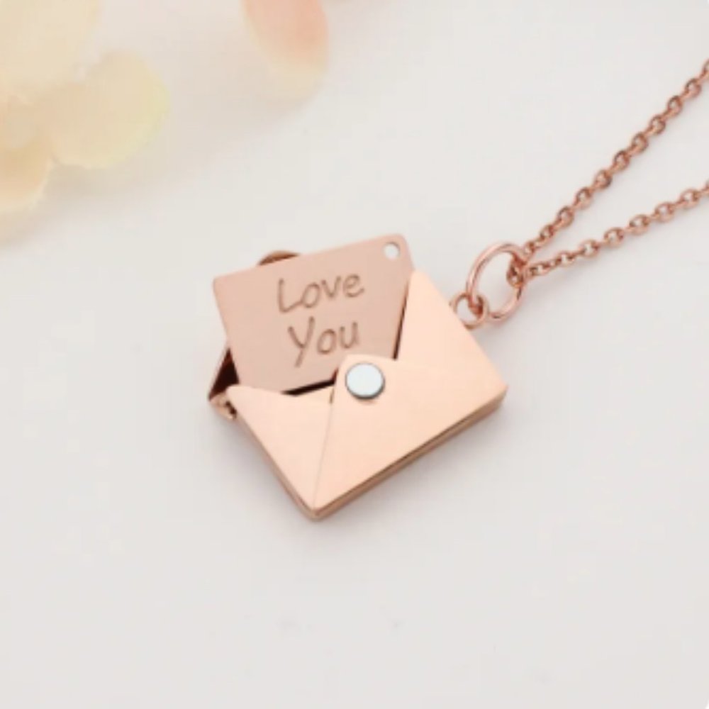 Envelope Locket Necklace with Message "Love You" (Rose Gold Color)